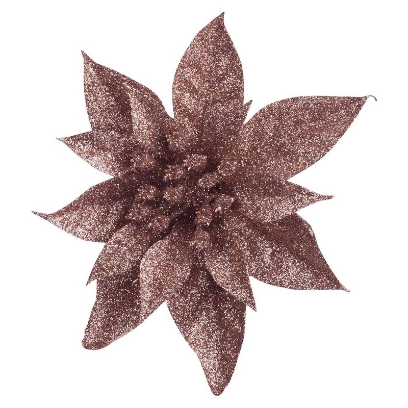 1x Kerstboomversiering op clip donker beige glitter bloem 15 cm -