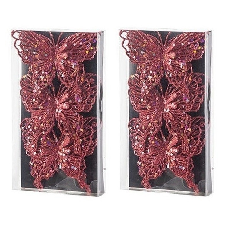 6x Kerst decoratie vlinders rood 12 x 11 cm -