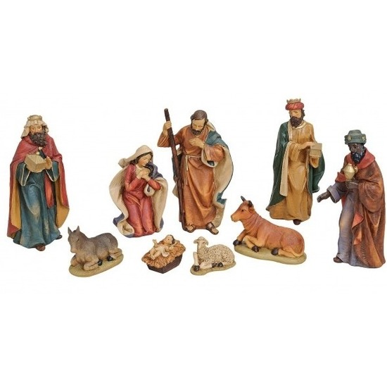 Polystone kerststal beeldjes / beelden 9 stuks 4 tot 19 cm -