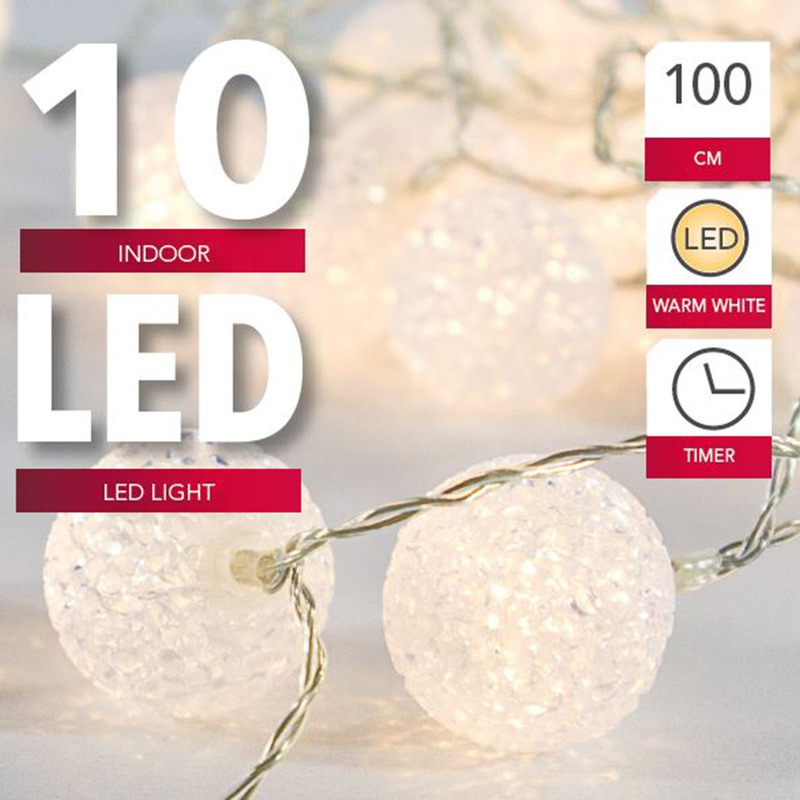 Lichtsnoer met 10 witte bolletjes warm wit op batterij met timer 135 cm -