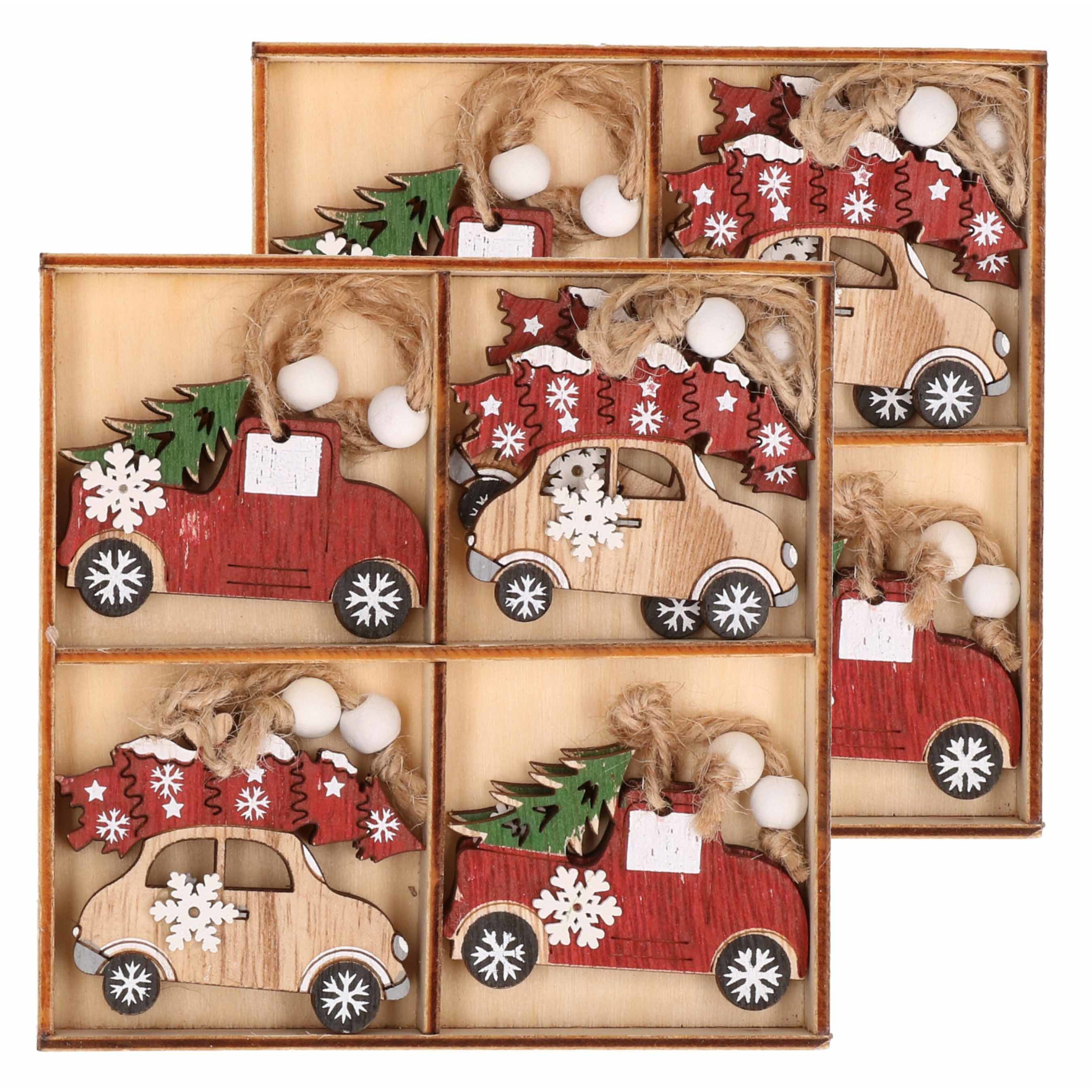 Kersthanger set van 16x houten auto hangers 6 x 5 cm kerstboomversiering -