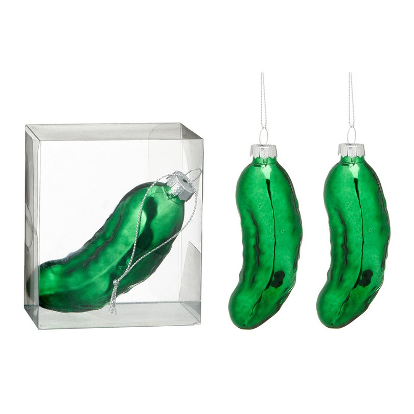 Kersthanger augurk - 4x - groen - 11 cm - glas - kerstornament - augurken figuurtje -