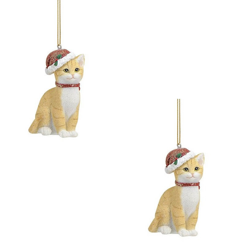 2x Kersthangers beige katten met kerstmuts 9 cm kerstversiering -
