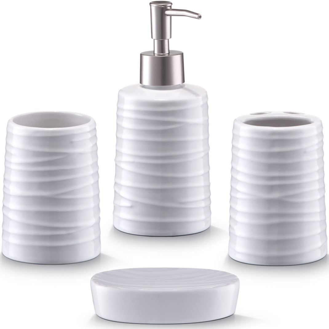 Badkamer/toilet accessoires set 4-delig - keramiek - wit - wave relief -