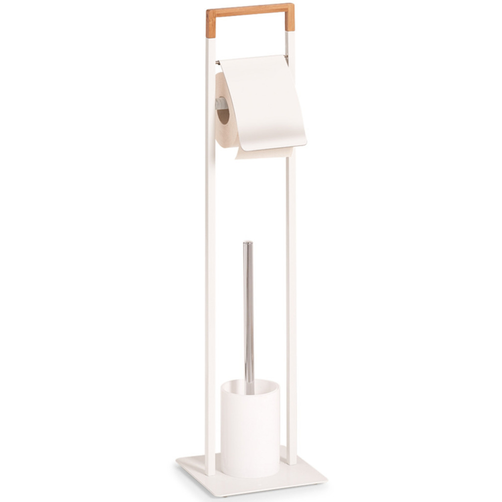 1x Toiletborstels met toiletrolhouder wit metaal/bamboehout 75 cm -
