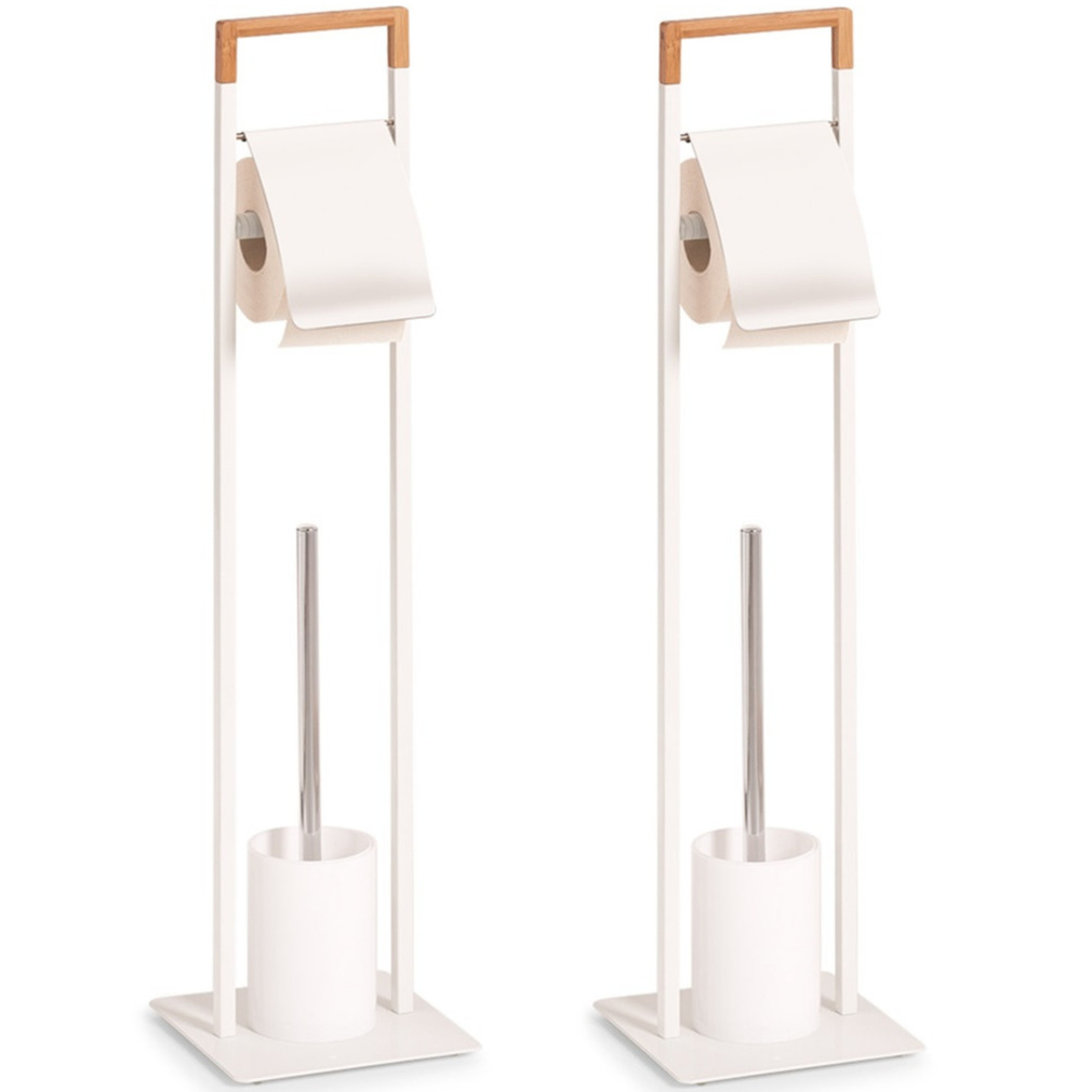 2x Toiletborstels met toiletrolhouder wit metaal/bamboehout 75 cm -