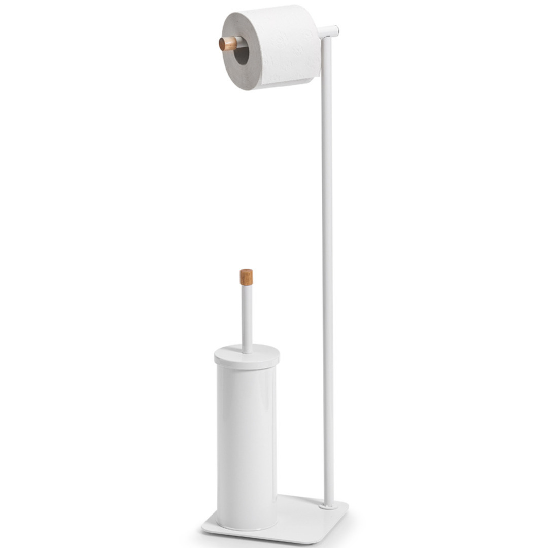 1x Toiletborstels met toiletrolhouder wit rubberhout 75 cm -