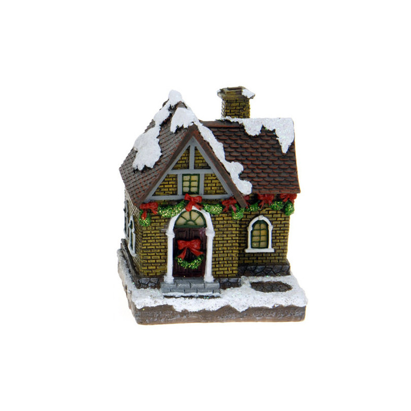 1x Polystone kersthuisjes/kerstdorpje huisjes gele stenen met verlichting 13,5 cm -