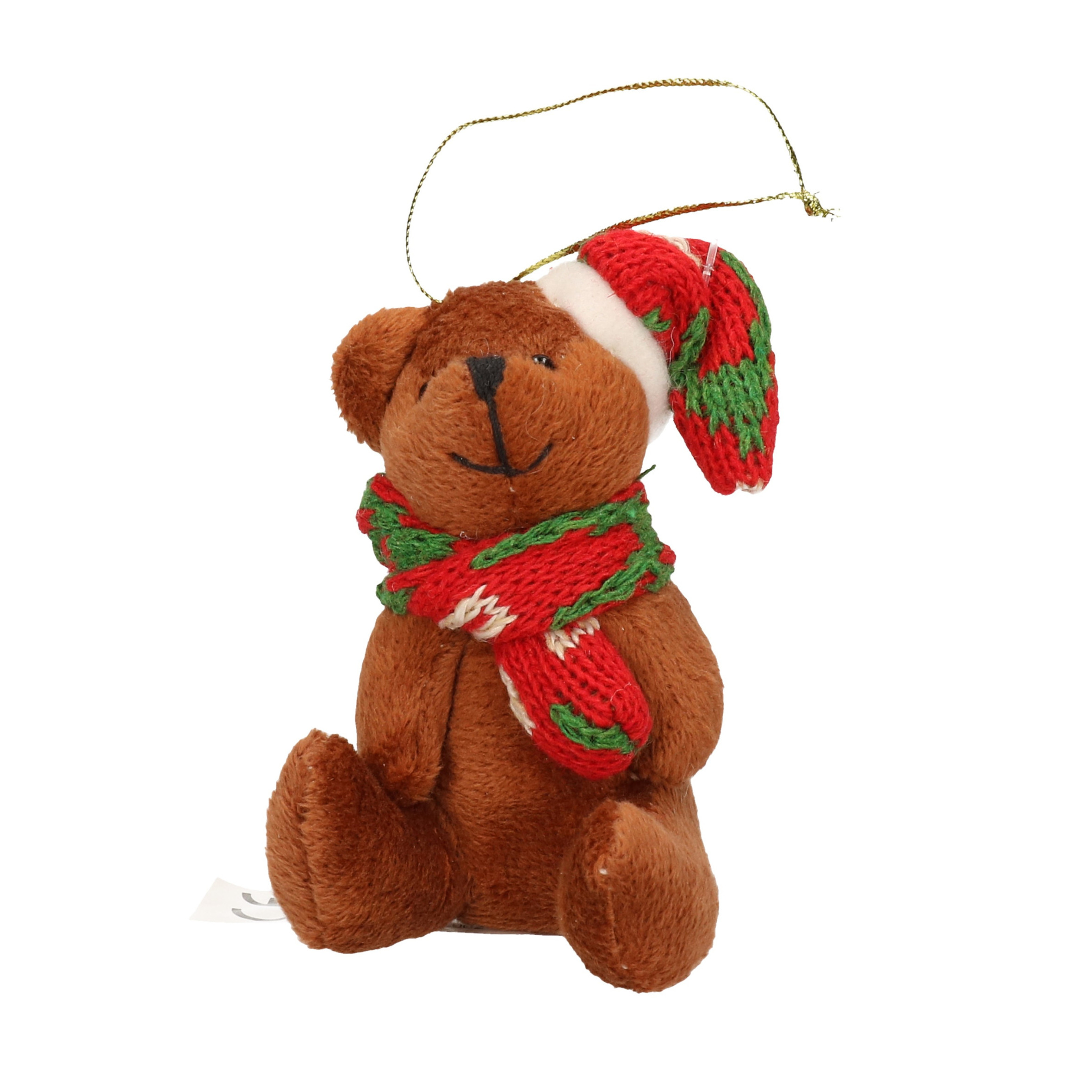 Kersthangers knuffelbeertjes bruin met gekleurde sjaal en muts 7 cm -