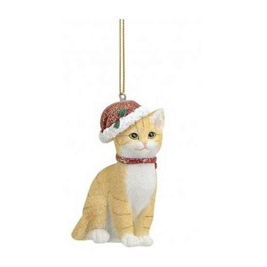 Kersthangers beige katten met kerstmuts 9 cm kerstversiering -