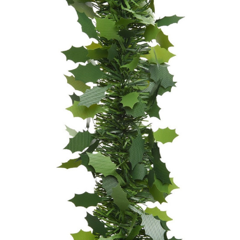 2x stuks groene lametta folie guirlandes/slingers met hulstblad 10 x 270 cm -