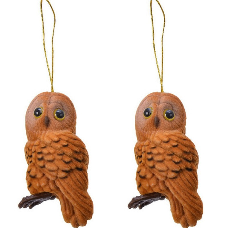 Kersthanger - 2x - uil - bruin - 8 cm - kunststof - kerstversiering - kerstornament -