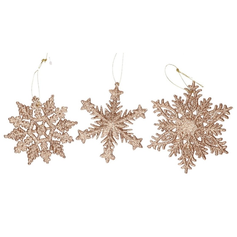 6x Kersthangers figuurtjes koperen sneeuwvlok/ster 10 cm glitter -