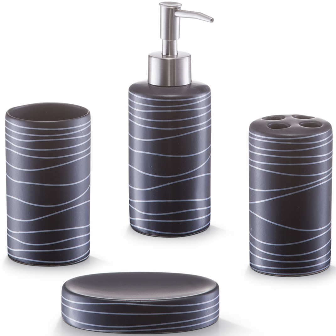 Badkamer/toilet accessoires set 4-delig - keramiek - swirl patroon zwart -