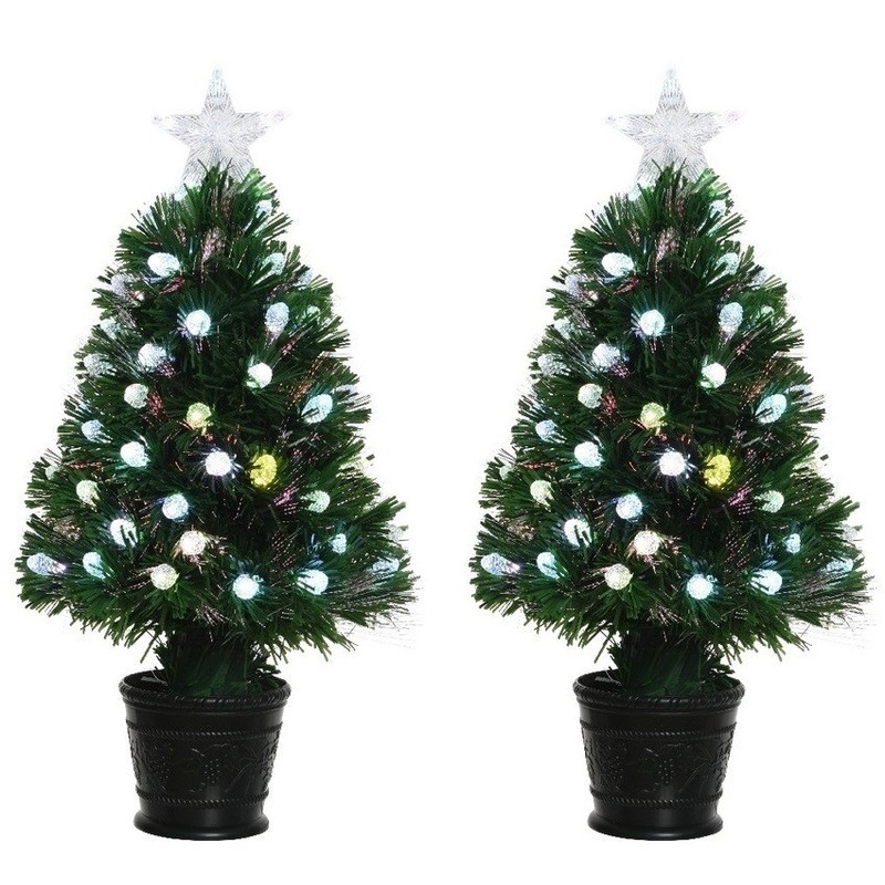 2x Groene glasvezel kunstkerstbomen 90 cm met LED knipperende lampjes -