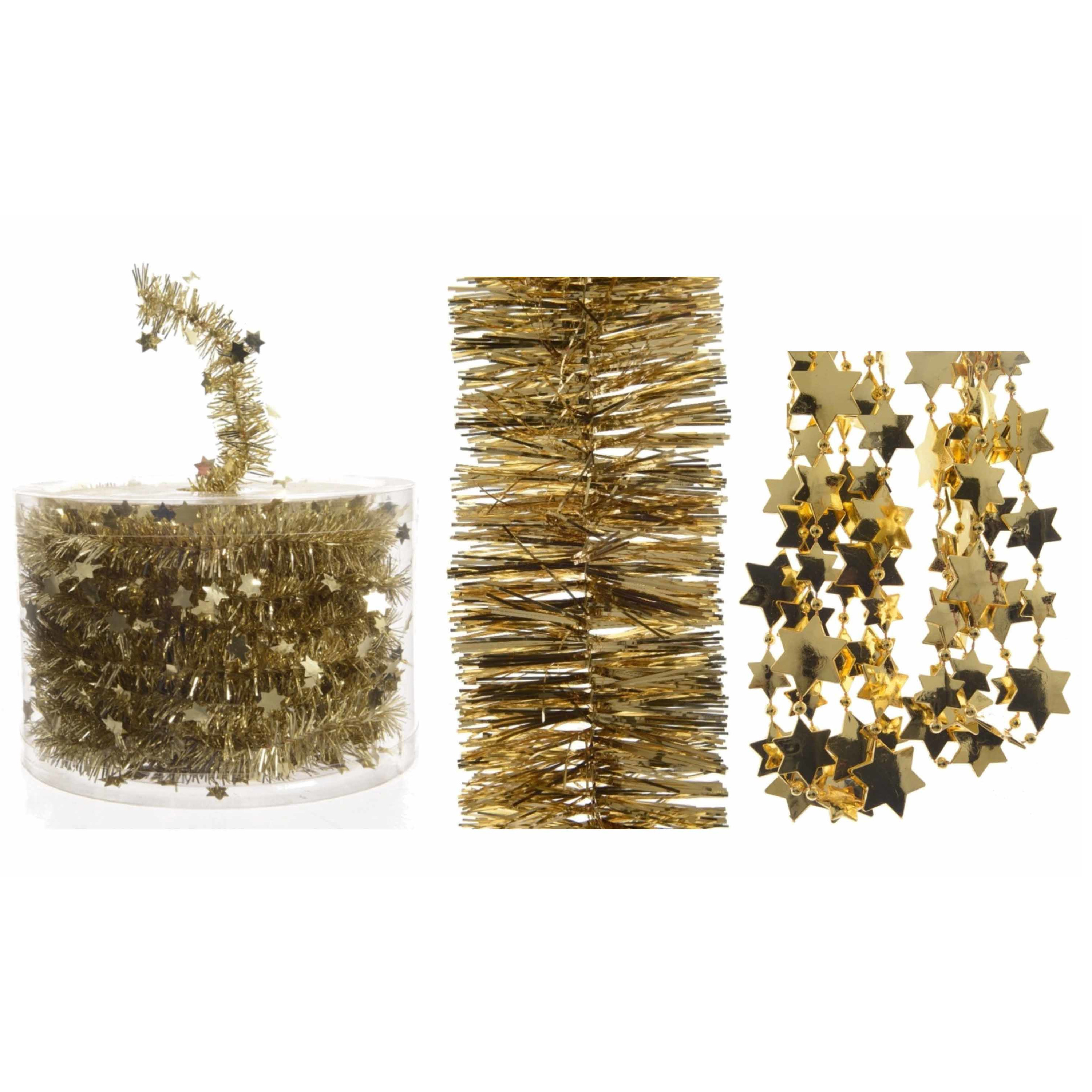 Set van gouden Kerstboom sterren folie slinger 700 cm / kerstslinger 270 cm / kralenslinger 270 cm -