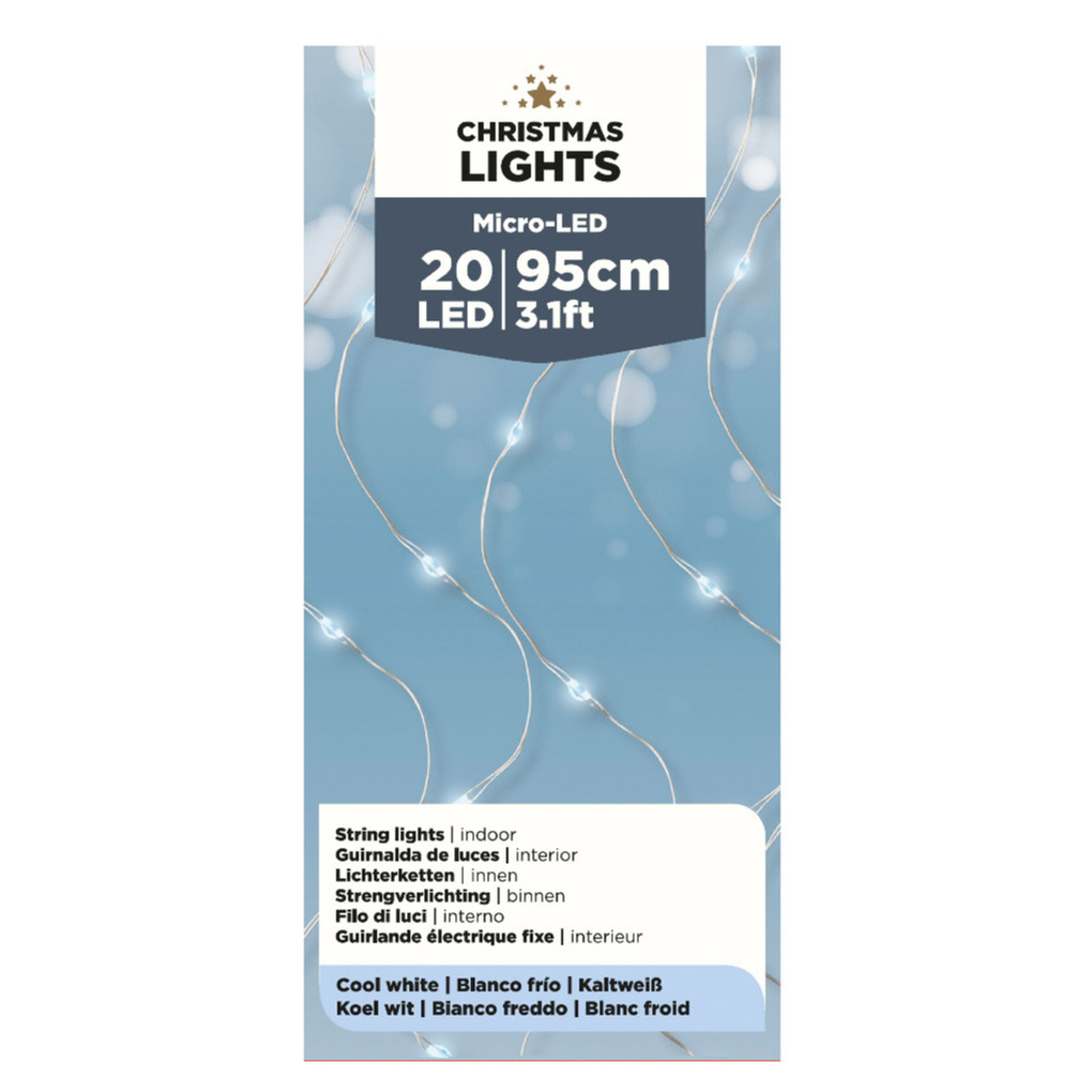 Draadverlichting - zilver - 20 led lampjes - helder wit - 95 cm - lichtsnoer - zilverdraad -