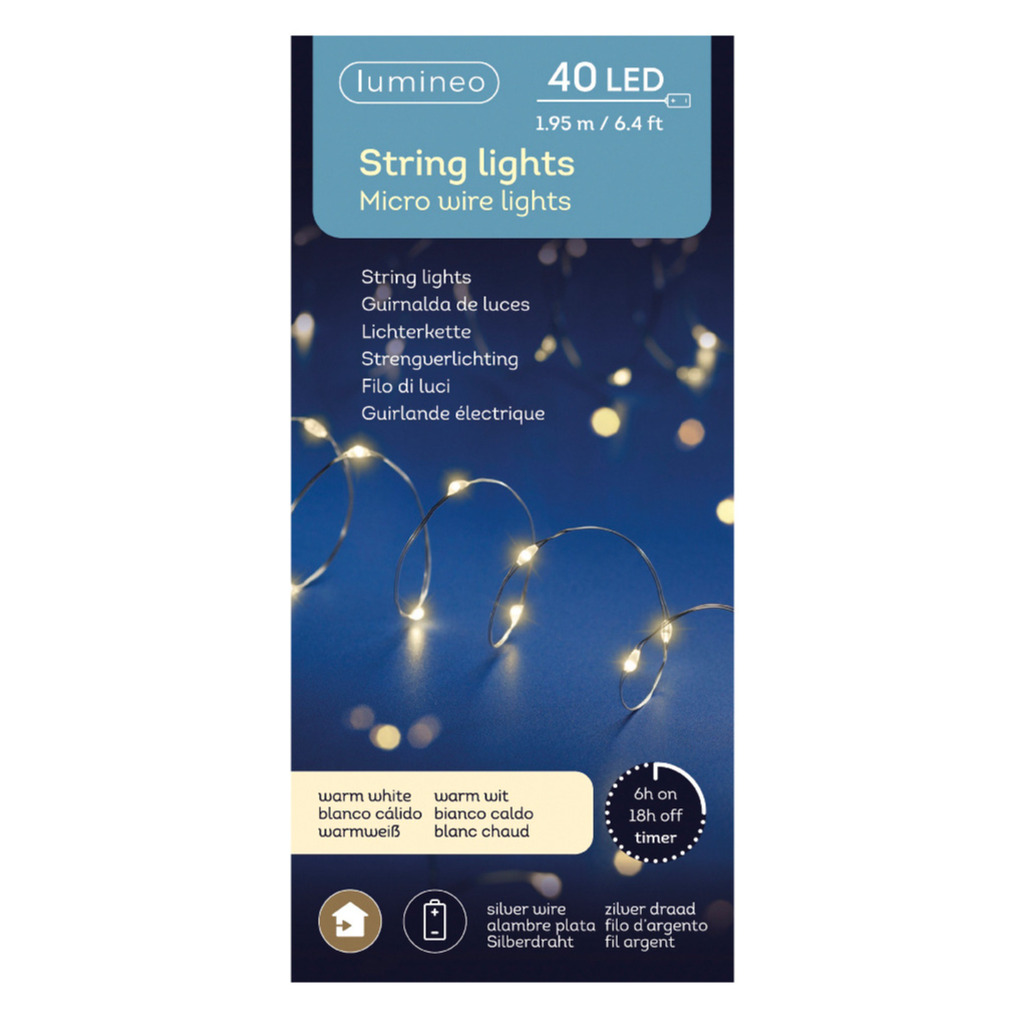 Timer draadverlichting zilverdraad 40 warm witte lampjes -195 cm -