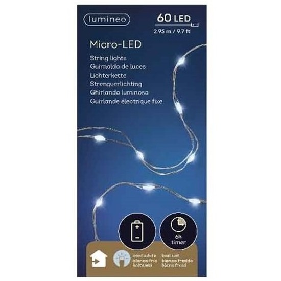 Timer draadverlichting zilverdraad 60 witte lampjes - 295 cm -