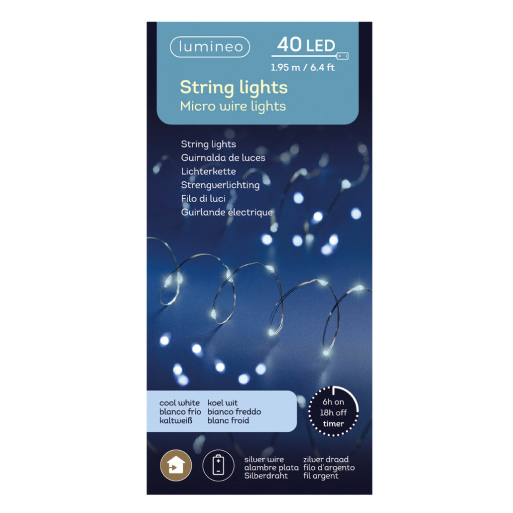 Timer draadverlichting zilverdraad 40 witte lampjes - 195 cm -