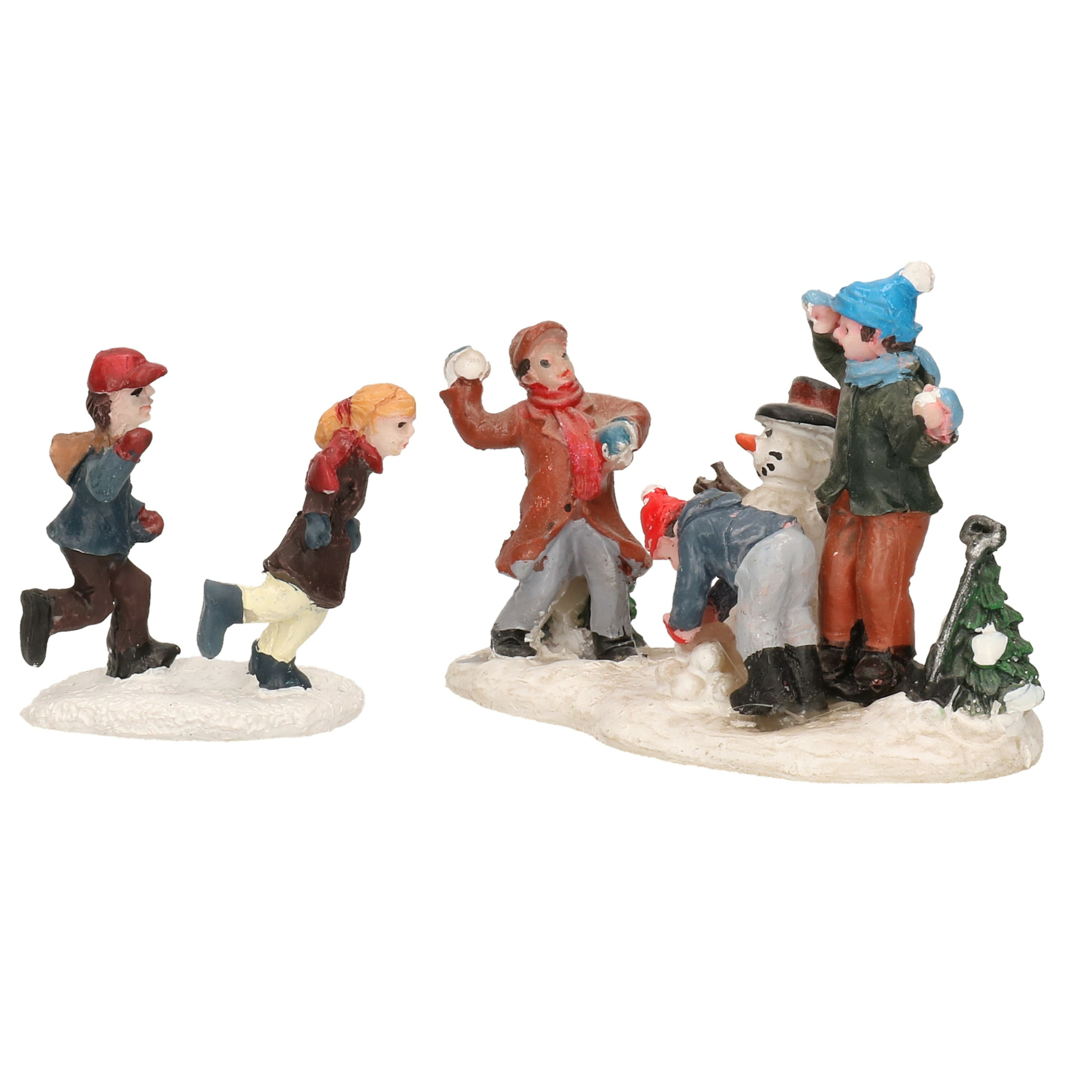 Kerstdorp figuren - kinderen - sneeuwballen gooien - 6,5 cm - polyresin - figuurtjes -