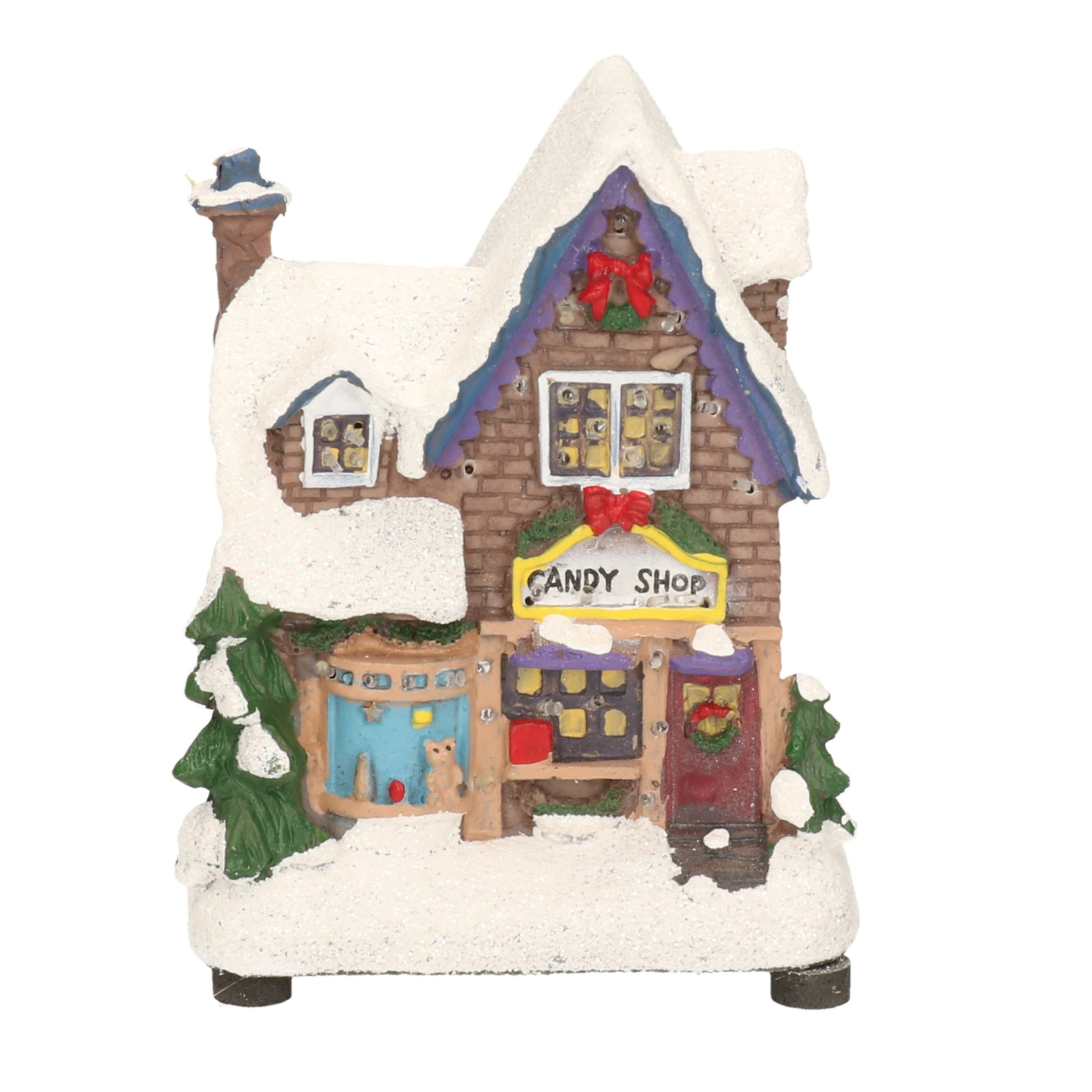 Kerstdorp kersthuisje snoepwinkel 12 cm met LED verlichting -