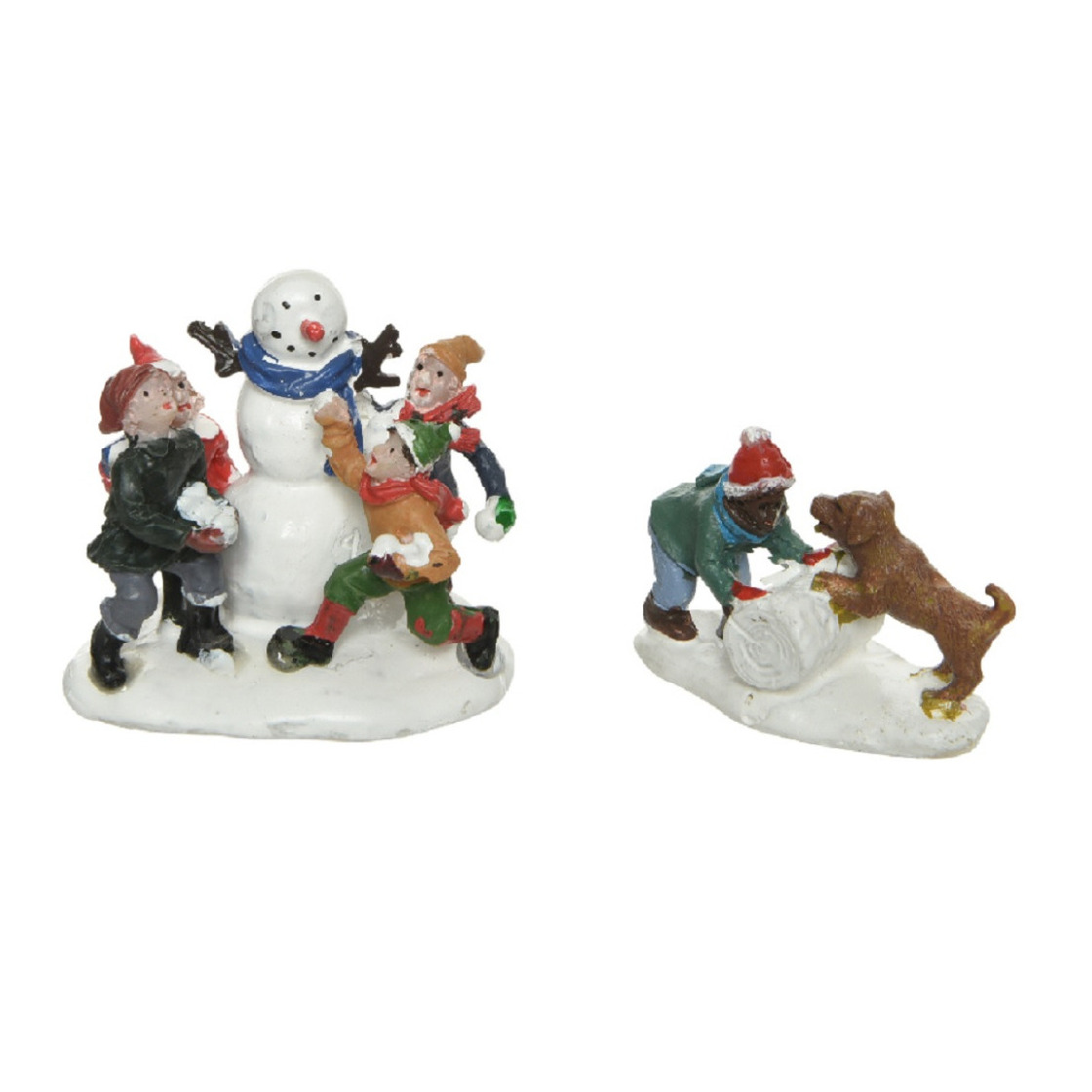 Lumineo kerstdorp figuurtjes - sneeuwpop en hondje - 4,5 x 6 x 5,5 cm - polyresin -