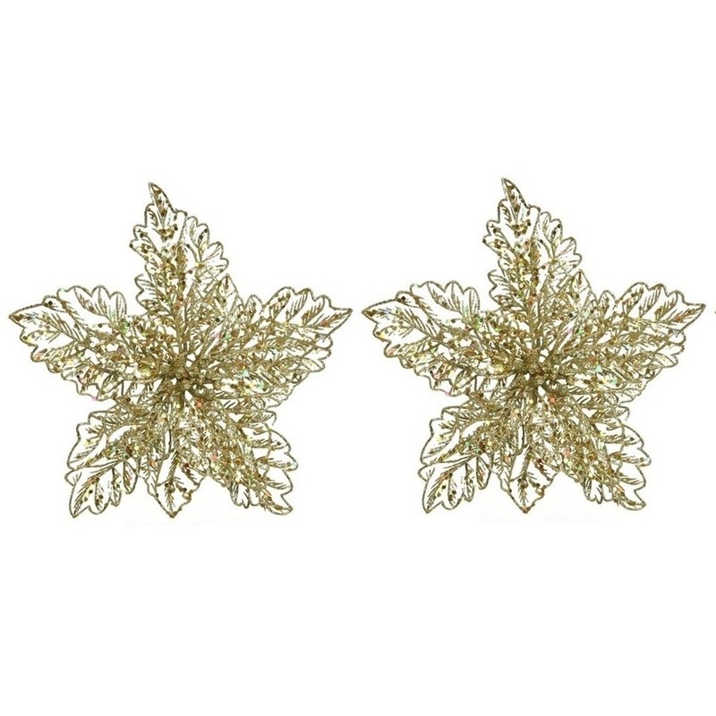 2x Kerstboomversiering op clip gouden glitter bloem 23 cm -