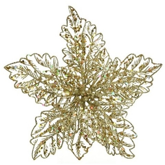 Bellatio Decorations Kersthangers - 23 cm - glitter bloem - goud -