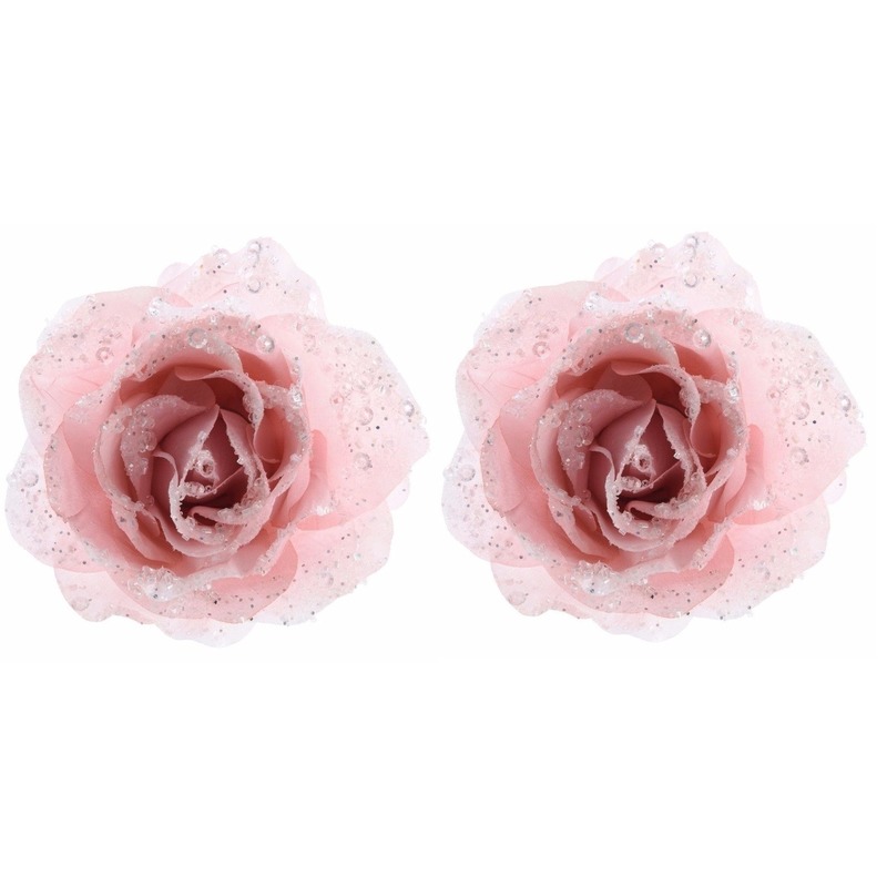 2x Kerstboom decoratie roos poeder roze 14 cm -