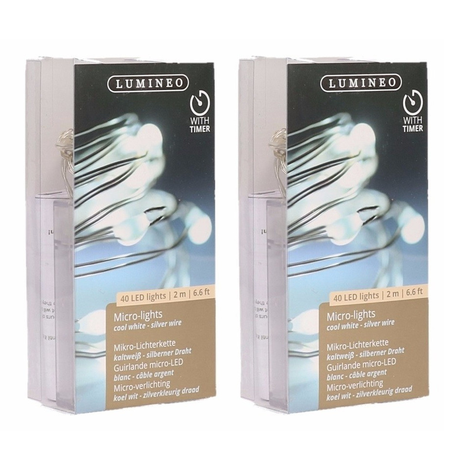 2x Timer draadverlichting zilverdraad 40 witte lampjes - 195 cm -