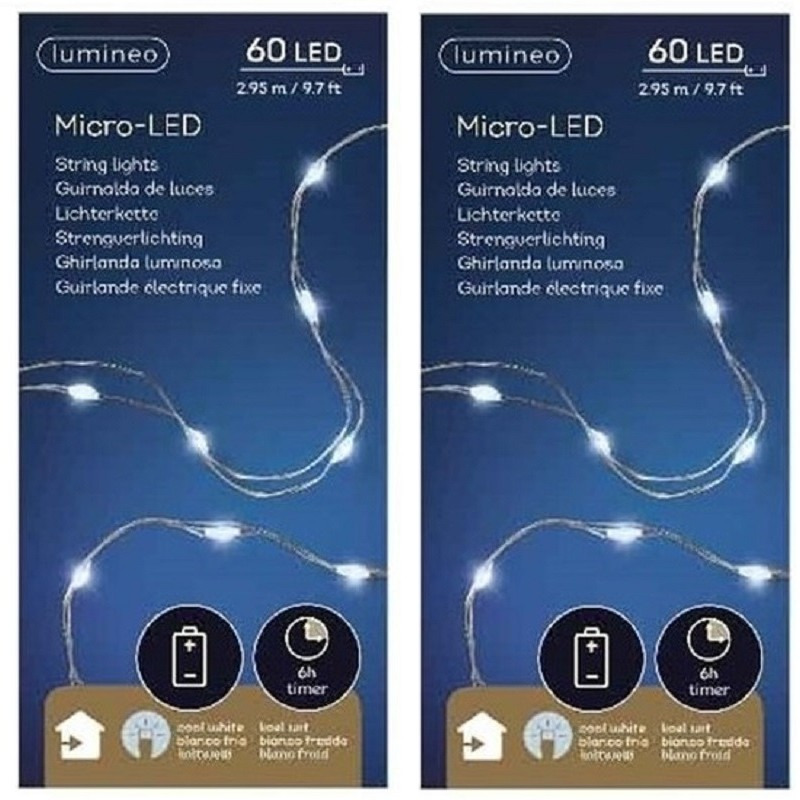 2x Timer draadverlichting zilverdraad 60 witte lampjes - 295 cm -