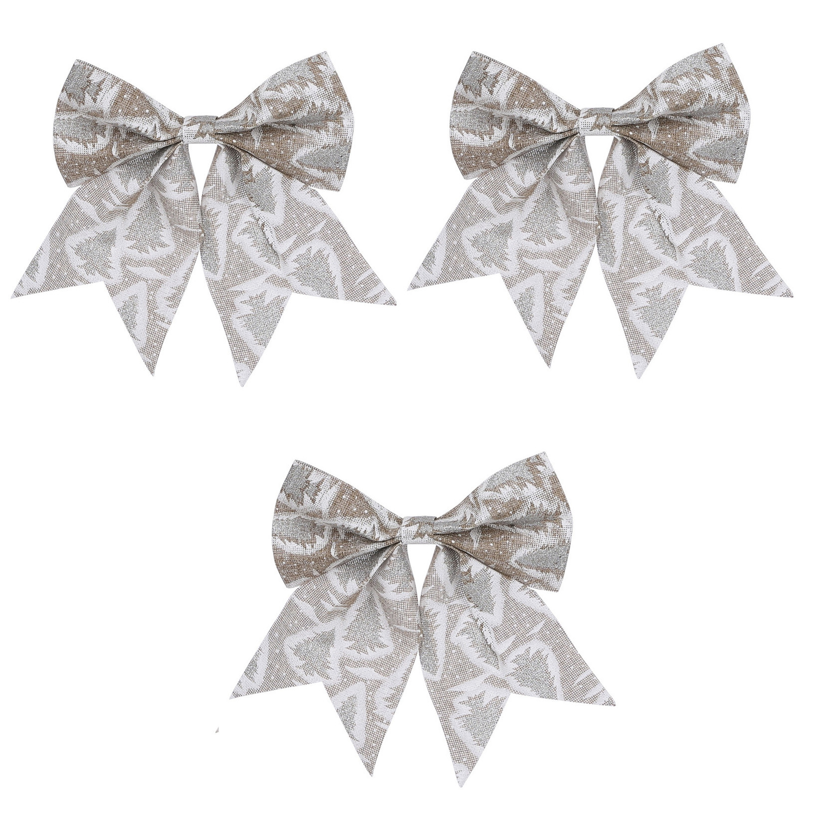 4x Decoratie strikken/kerststrikken zilver met kerstbomen opdruk 28 x 34 cm -