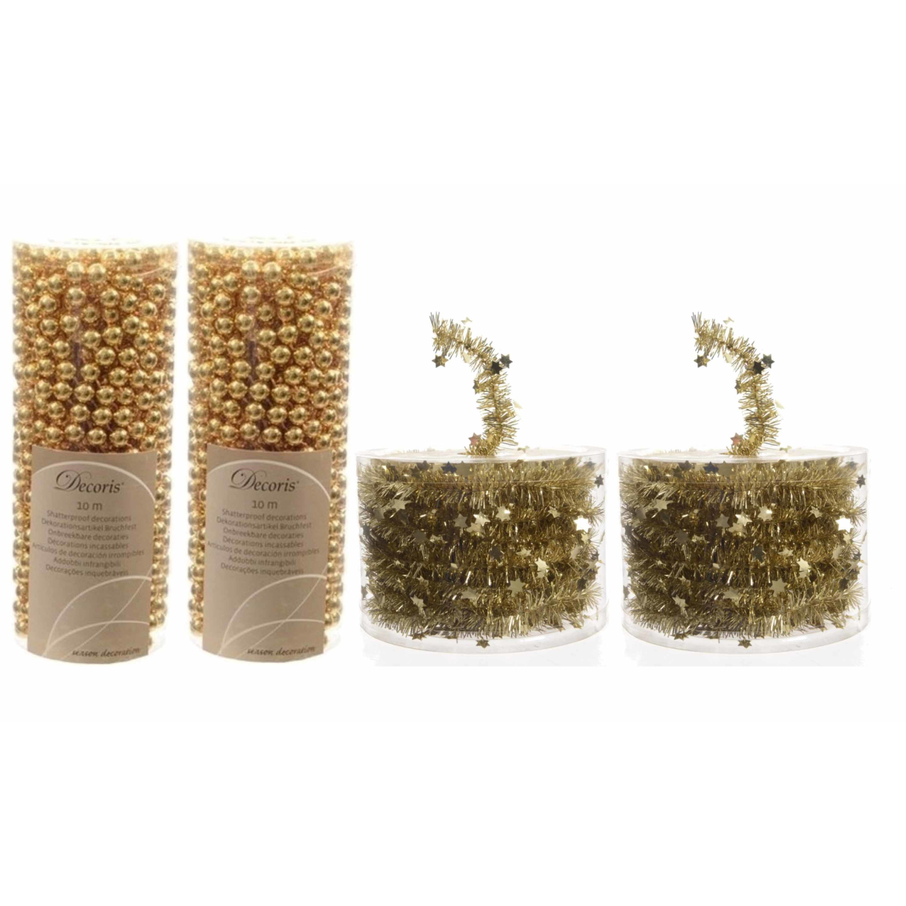 Set van 2x gouden kralenslingers kerstslingers 10 meter en 2x Kerstboom sterren folie slingers goud -