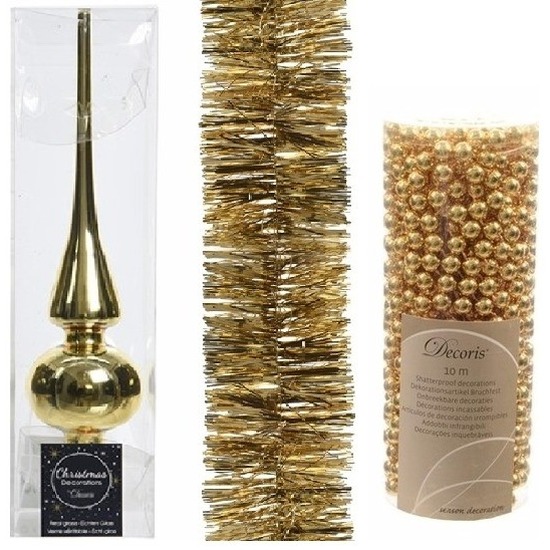 Kerstversiering set gouden piek, folieslinger en kralenslinger -