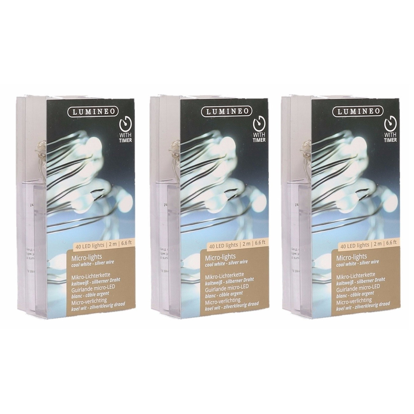 3x Timer draadverlichting zilverdraad 40 witte lampjes - 195 cm -