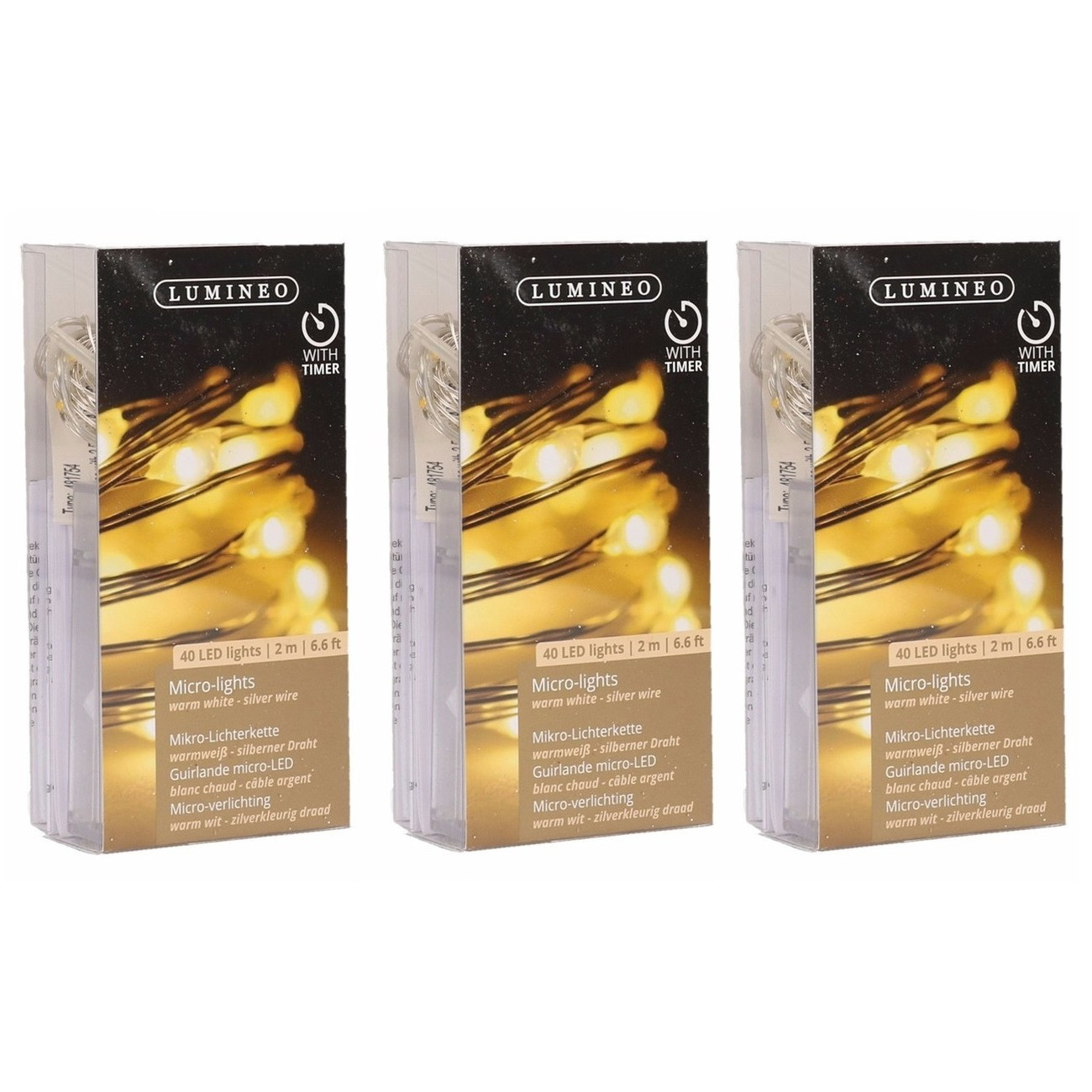 6x Timer draadverlichting zilver 40 warm witte lampjes -195 cm -