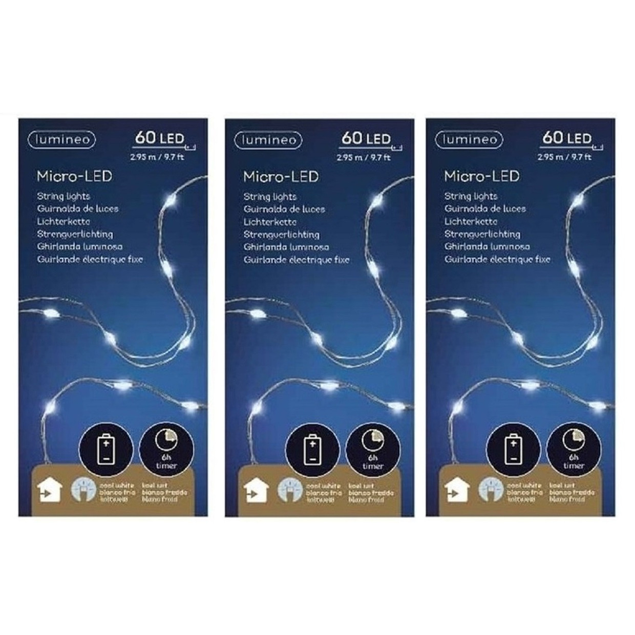 3x Timer draadverlichting zilverdraad 60 witte lampjes - 295 cm -
