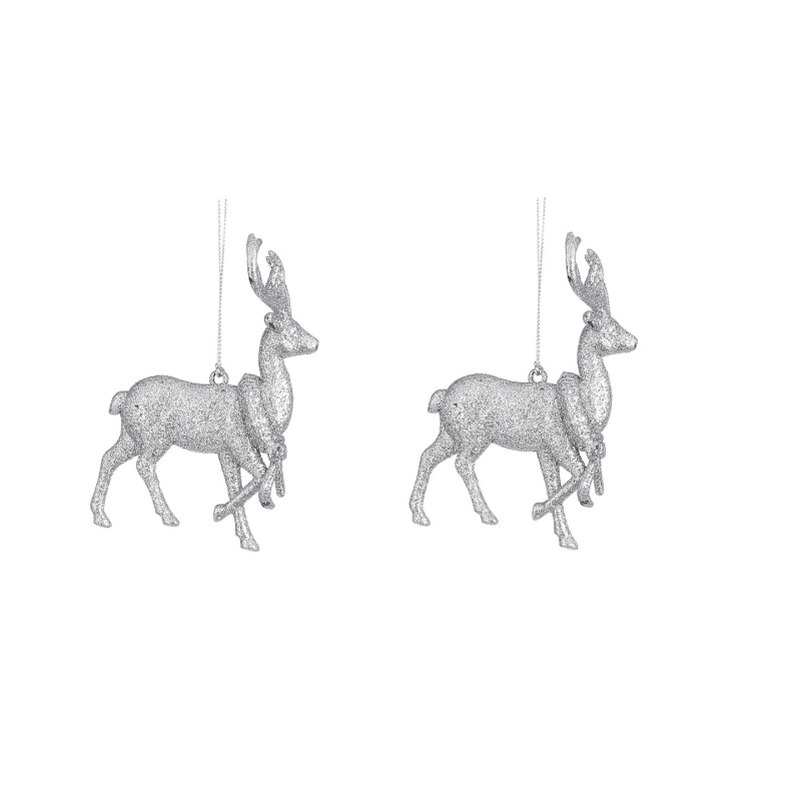 2x Zilveren rendier kersthangers kunststof 12 cm kerstornamenten -