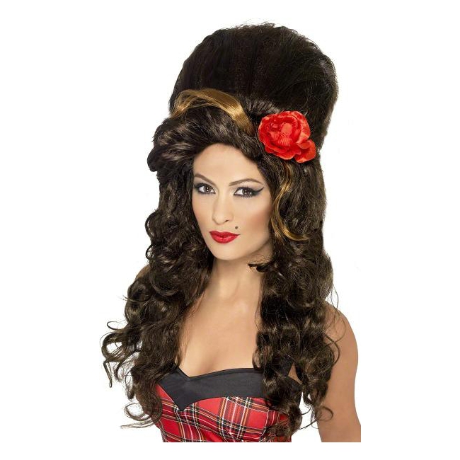 Suikerspin Amy Winehouse look pruik - met roos - bruin - verkleed accessoires voor dames -