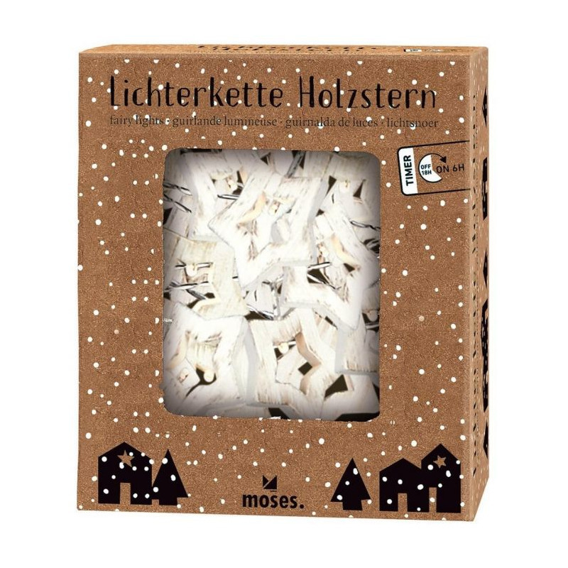 Witte houten sterren lichtsnoeren met timer functie op batterijen 120 cm -