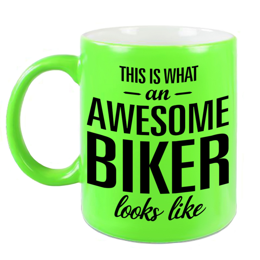 Awesome biker cadeau mok / beker neon groen 330 ml -