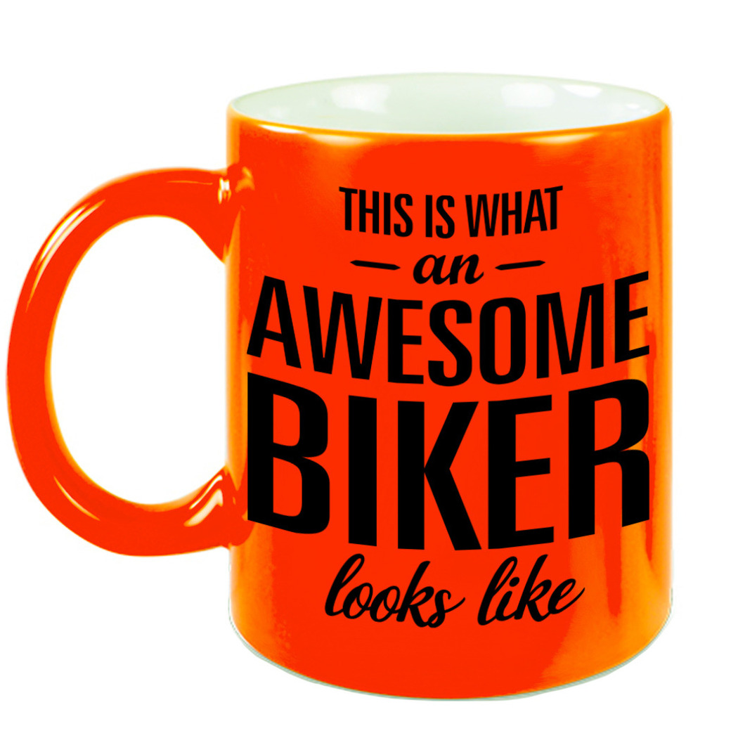 Awesome biker cadeau mok / beker neon oranje 330 ml -