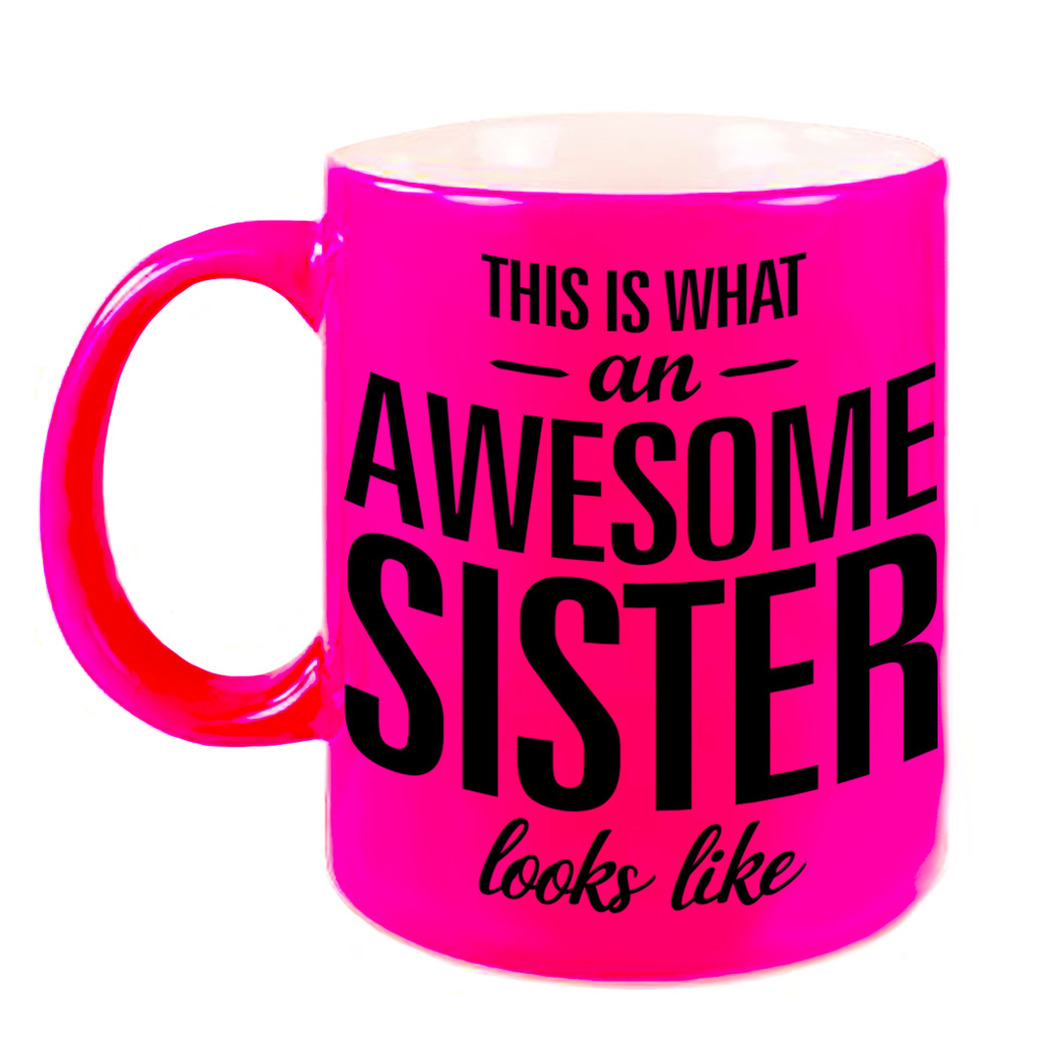 Awesome sister cadeau mok / beker neon roze voor zus 330 ml -