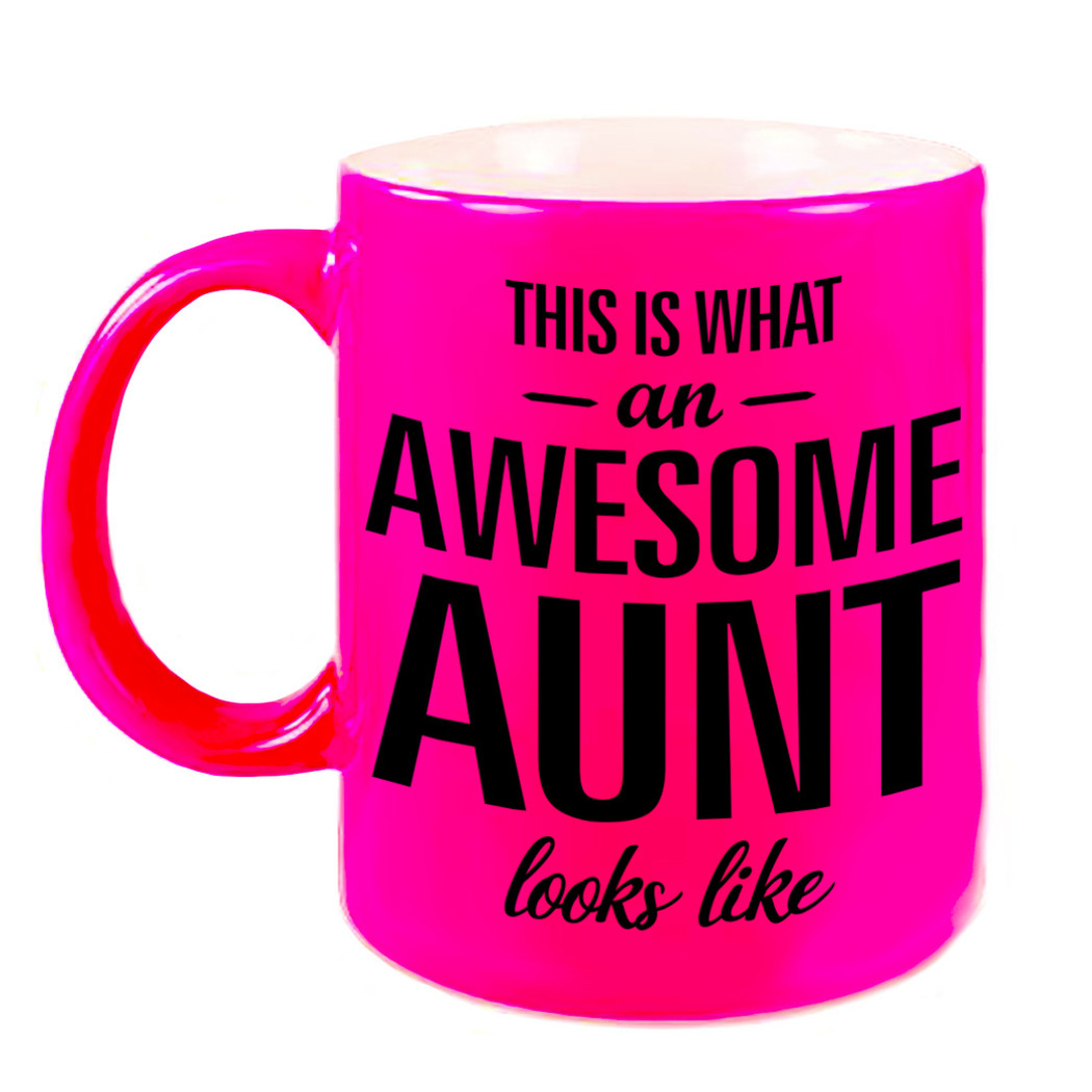 Awesome aunt /tante cadeau mok / beker neon roze 330 ml -