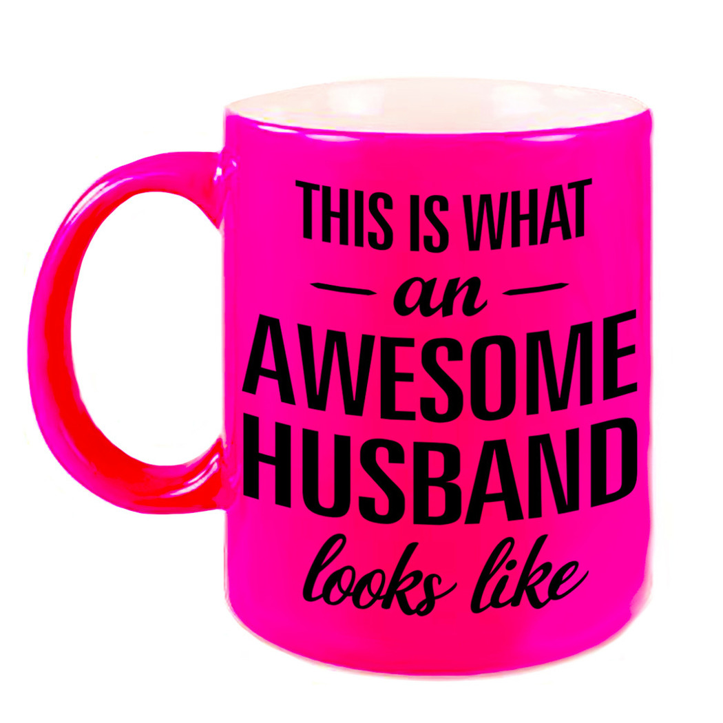 Awesome husband / echtgenoot cadeau mok / beker neon roze 330 ml -