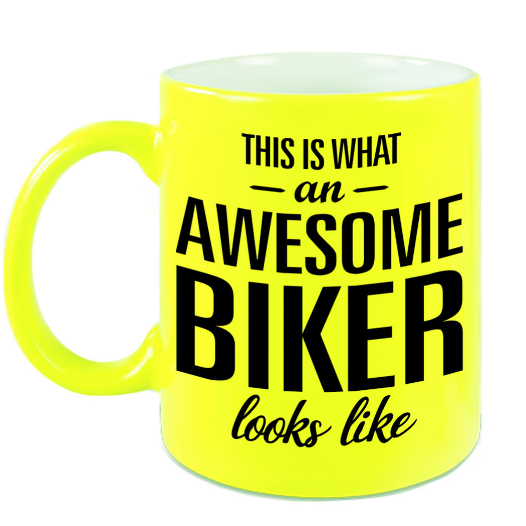 Awesome biker cadeau mok / beker neon geel 330 ml -