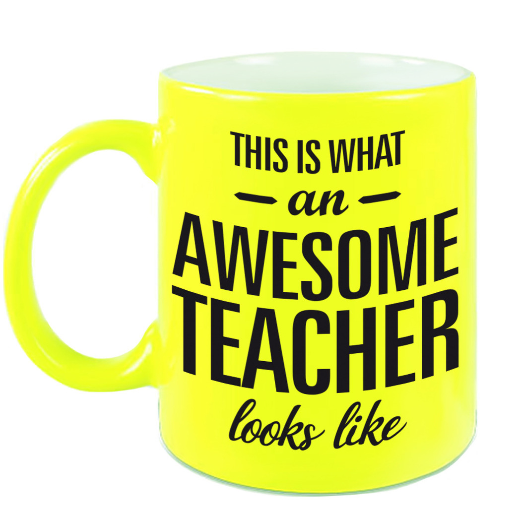 Awesome teacher cadeau neon gele mok / beker voor juf / meester 330 ml -