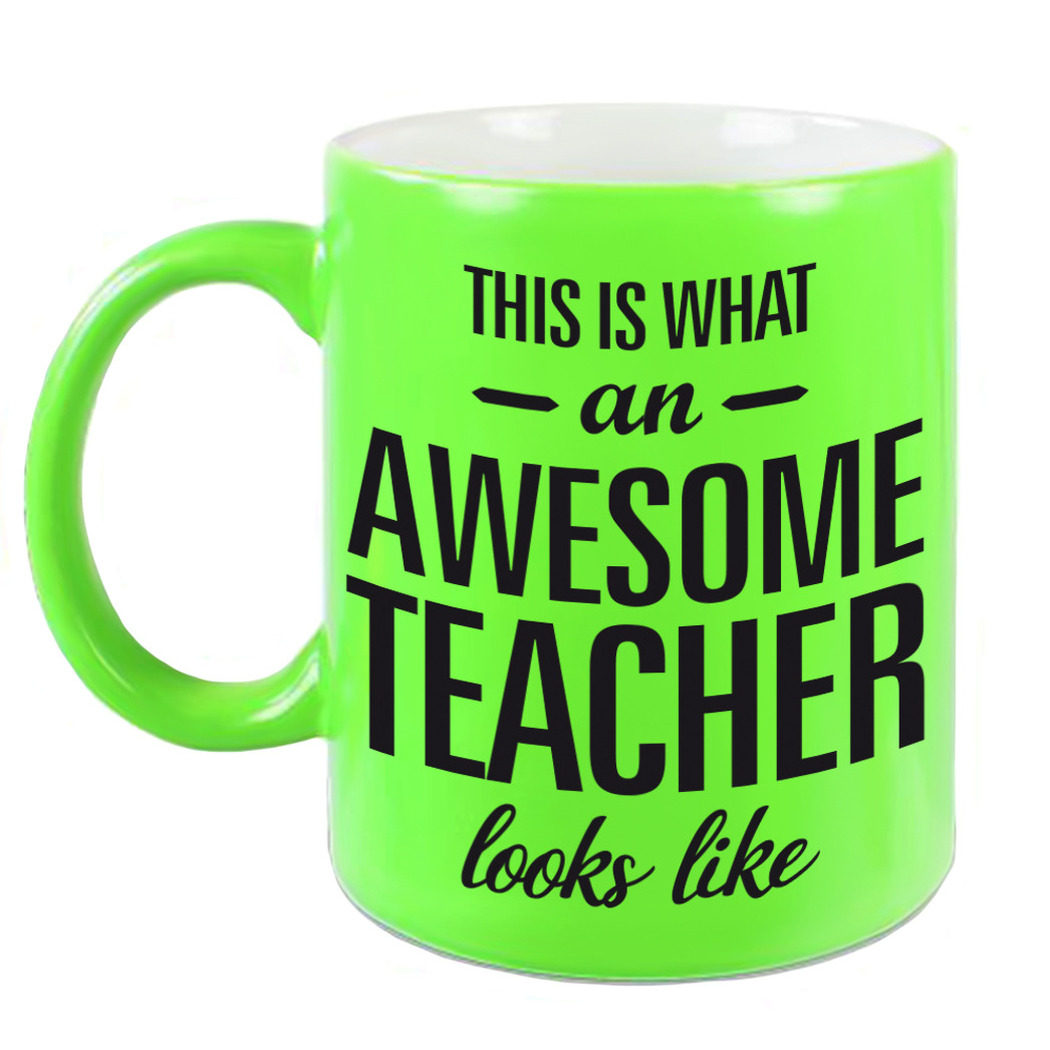 Awesome teacher cadeau neon groene mok / beker voor juf / meester 330 ml -