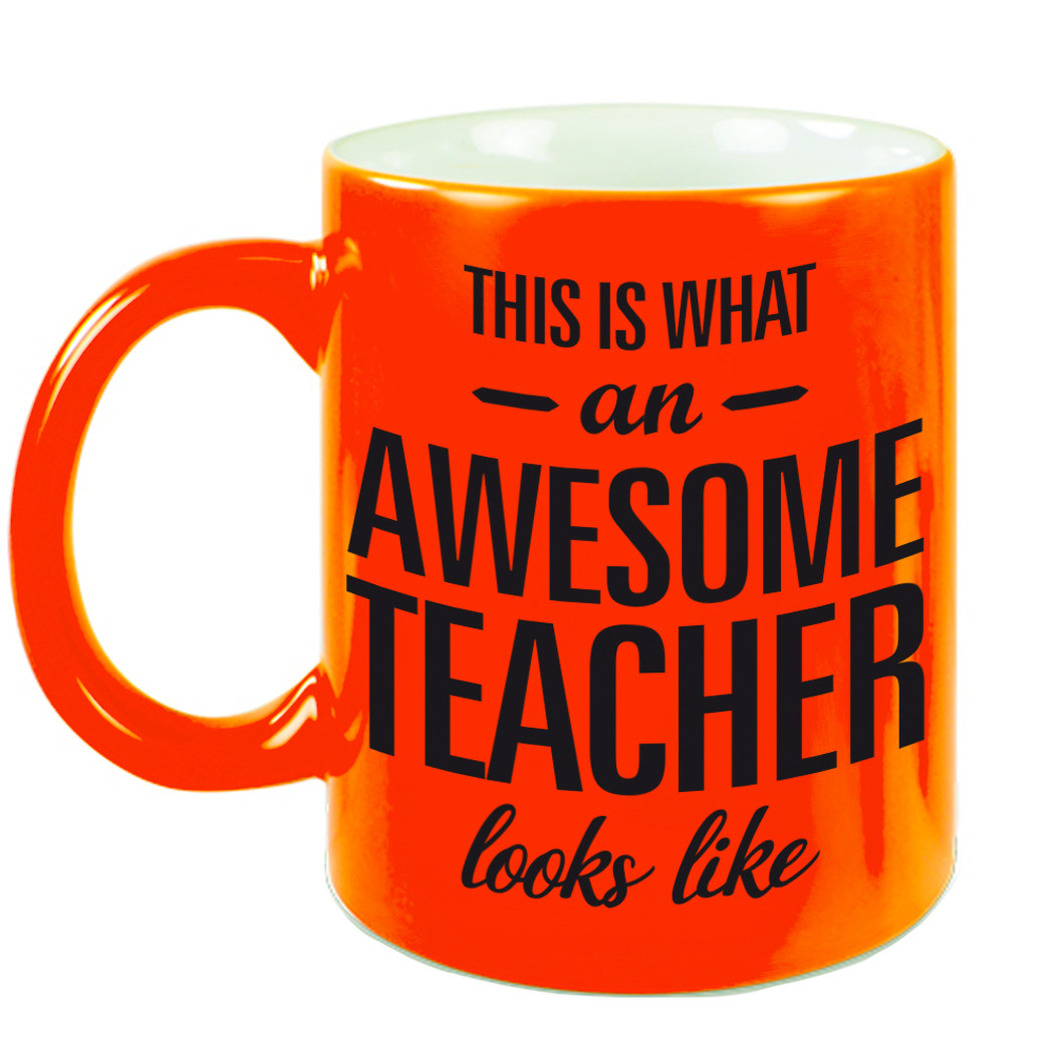 Awesome teacher cadeau neon oranje mok / beker voor juf / meester 330 ml -